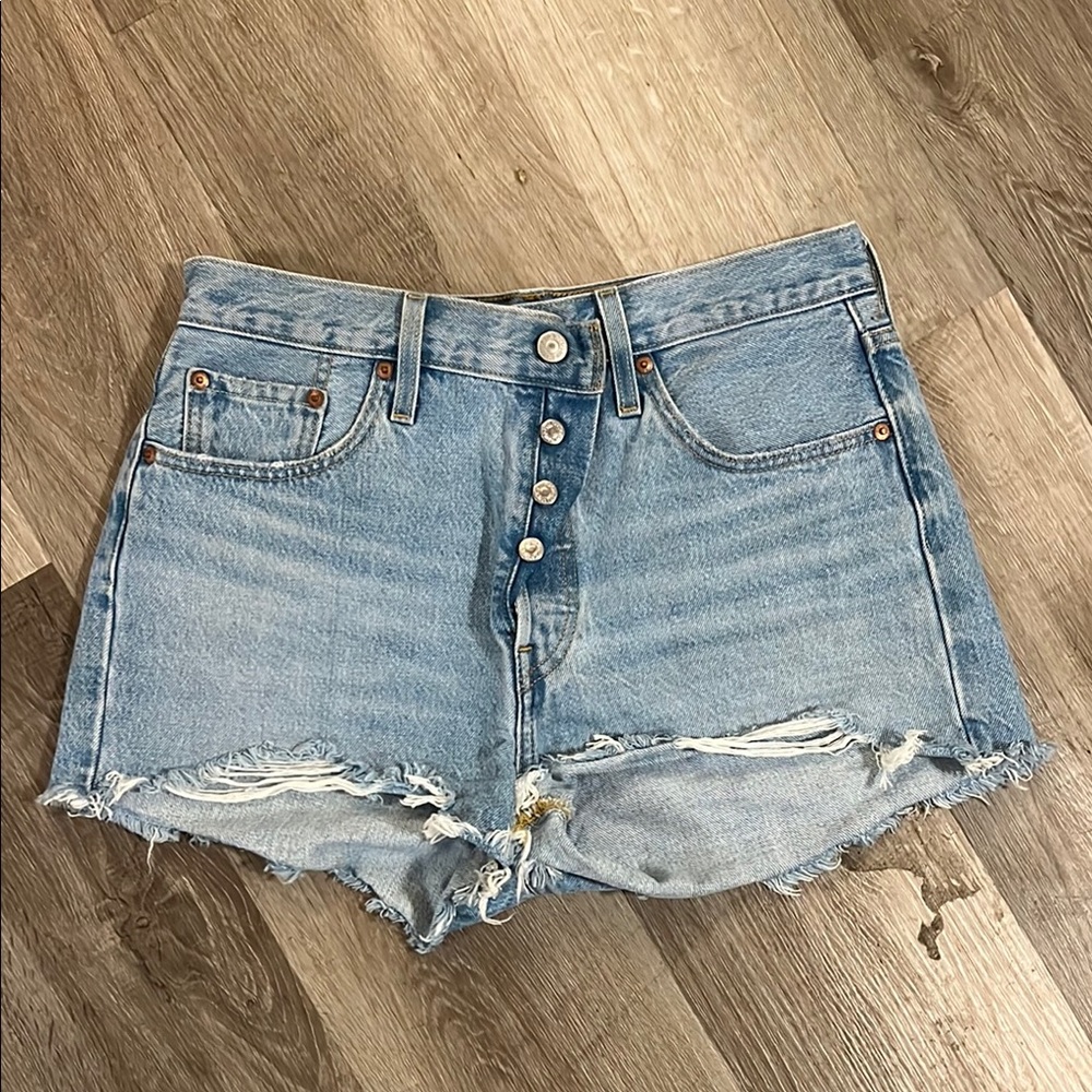 Levi's Blue Jean Shorts with Distressed Raw-Edge Hem